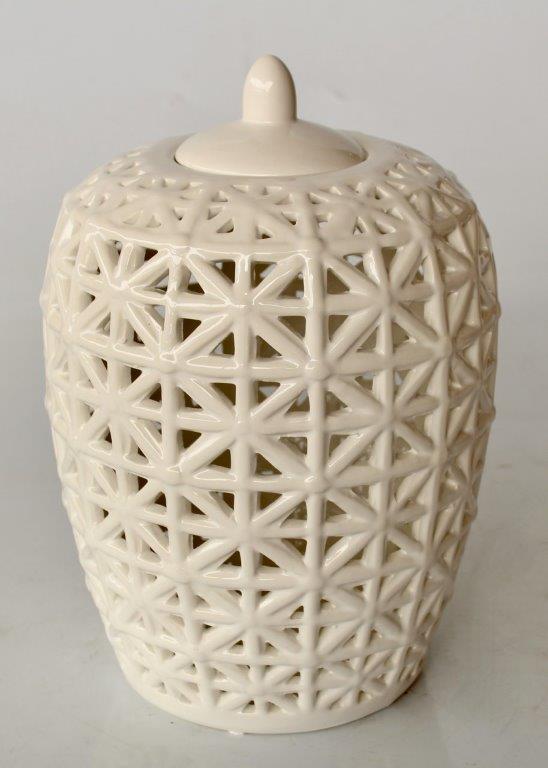 White Fat Criss Cross Cut-Out Jar With Lid